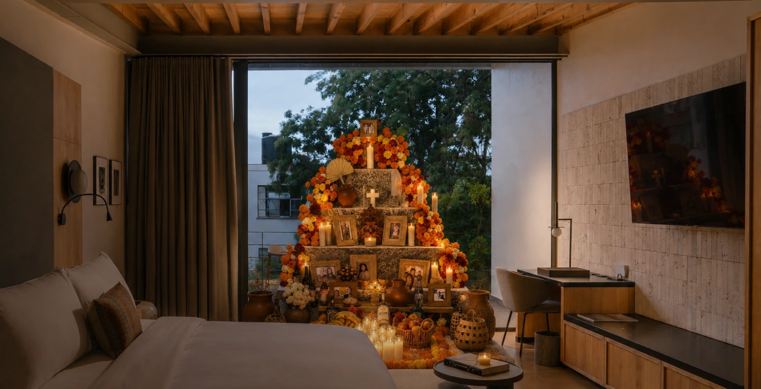 Altar de Día de Muertos con cempasúchil y velas dentro de una habitación de Colima 71