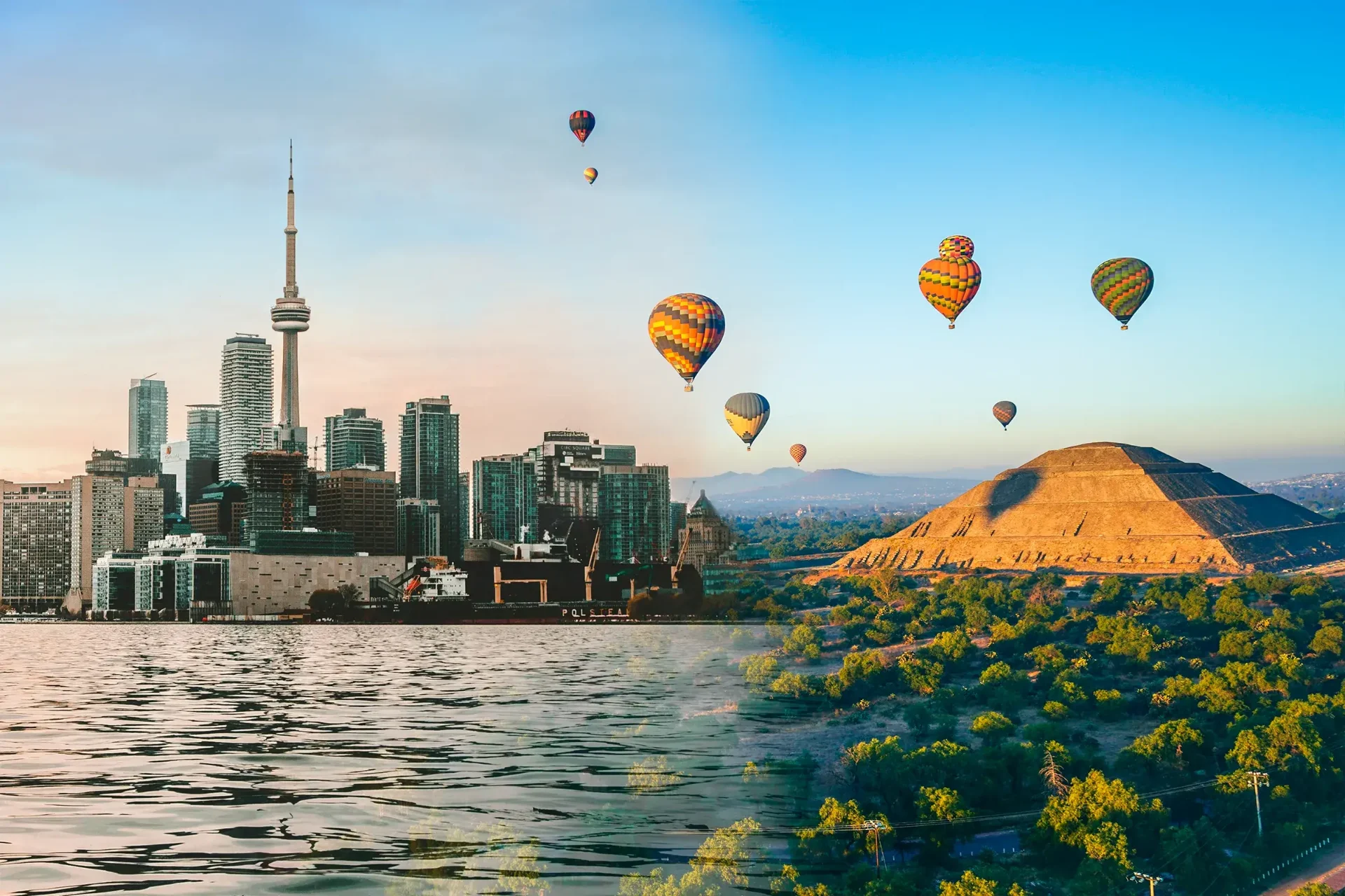 Horizonte de Toronto fundiéndose con la pirámide de Teotihuacán y globos aerostáticos